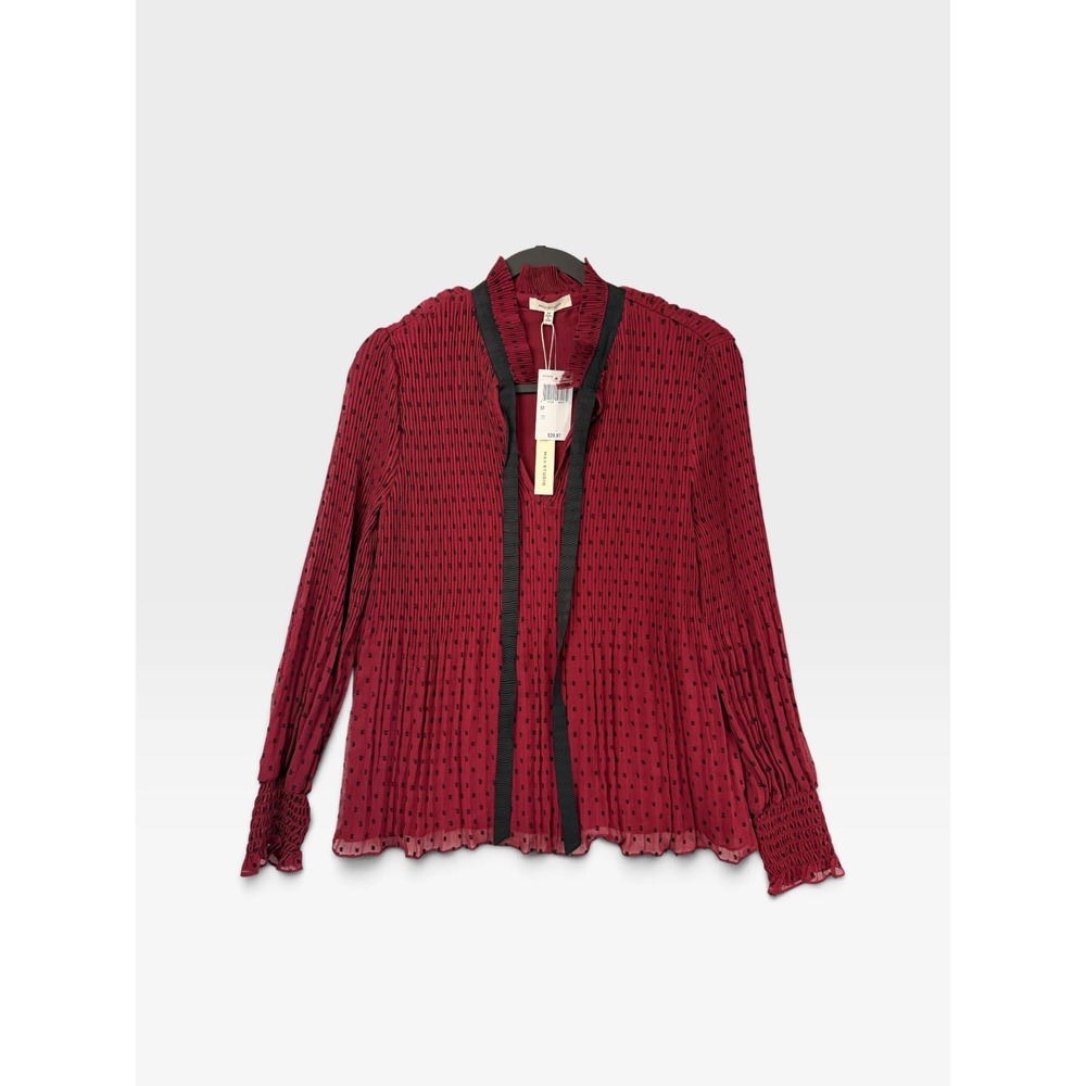 Max Studio Women's Burgundy Polka Dot Chiffon High Neck Long Sleeve Blouse M